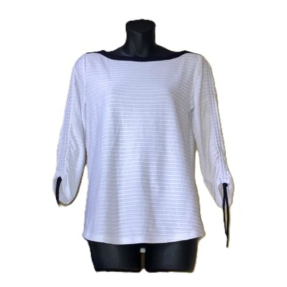 Talbots Cotton Boat Neck Top w/Gathered Sleeves | White/Navy Trim | P